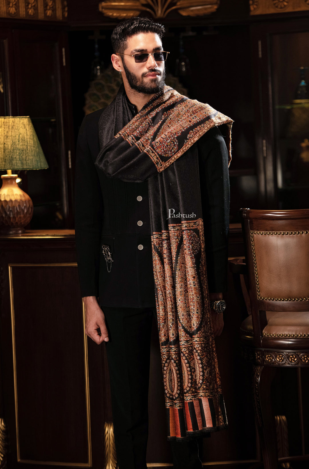 Pashtush India Mens Shawls Gents Shawl Pashtush Mens Fine Wool Shawl, Royal Collection, Palle-Dar Shawl, With Antique Jama Palla, Black, Full Size