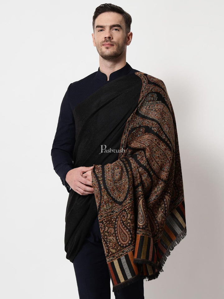 Pashtush India Mens Shawls Gents Shawl Pashtush Mens Fine Wool Shawl, Royal Collection, Palle-Dar Shawl, With Antique Jama Palla, Black, Full Size