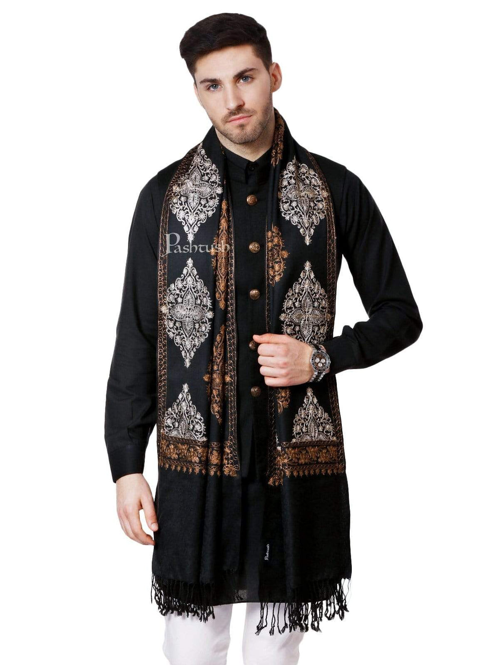 Pashtush India 70x200 Pashtush Mens Fine Wool, Silky Embroidery Needlework Stole, Black