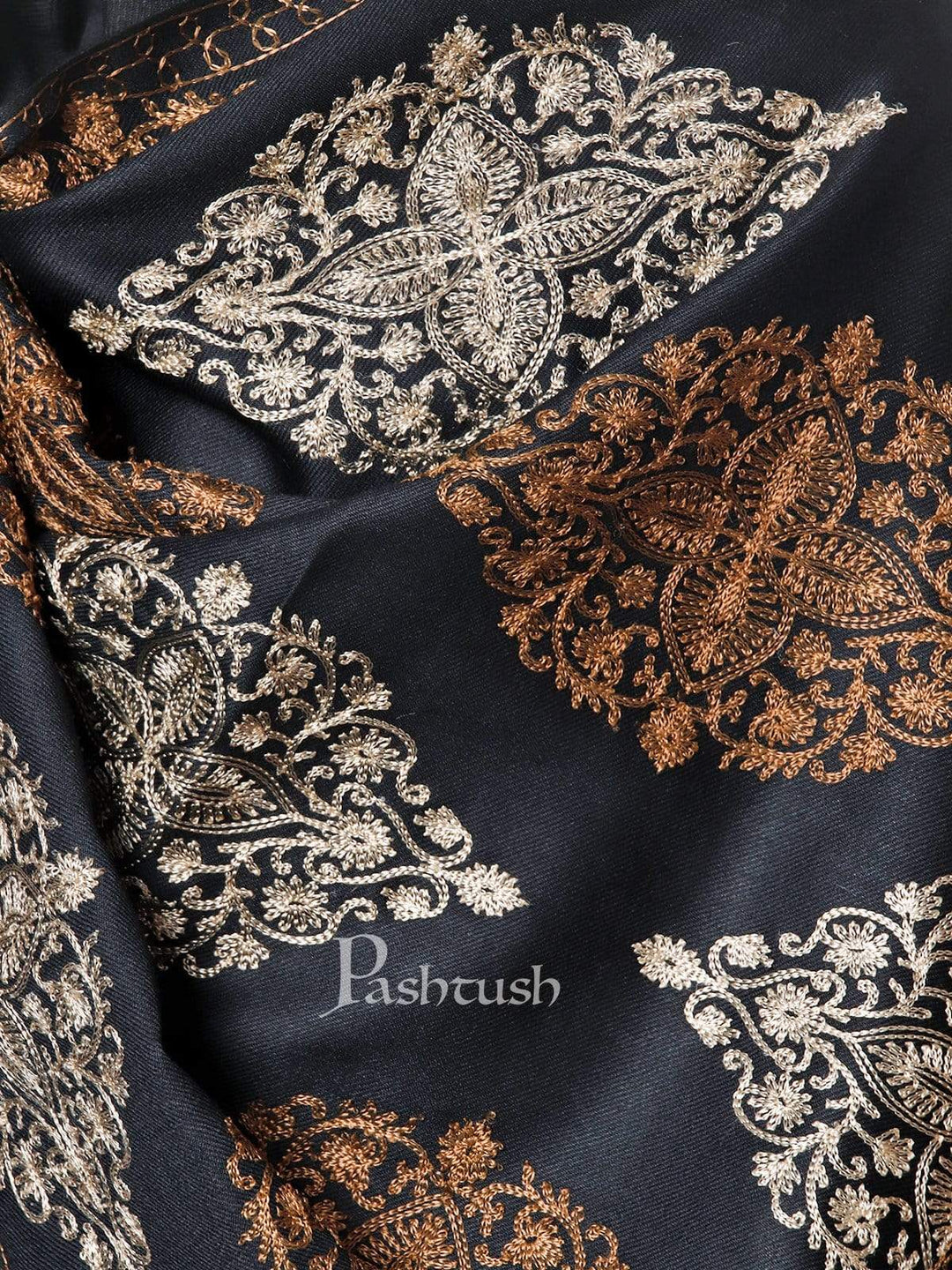 Pashtush India 70x200 Pashtush Mens Fine Wool, Silky Embroidery Needlework Stole, Black