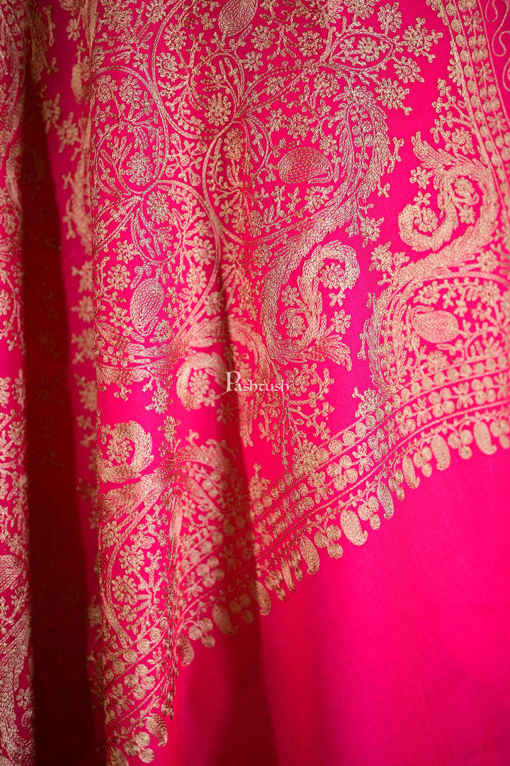 Pashtush India 70x200 Pashtush Mens Fine Wool, Silky Nalki Embroidery Needlework Stole, Hot Pink