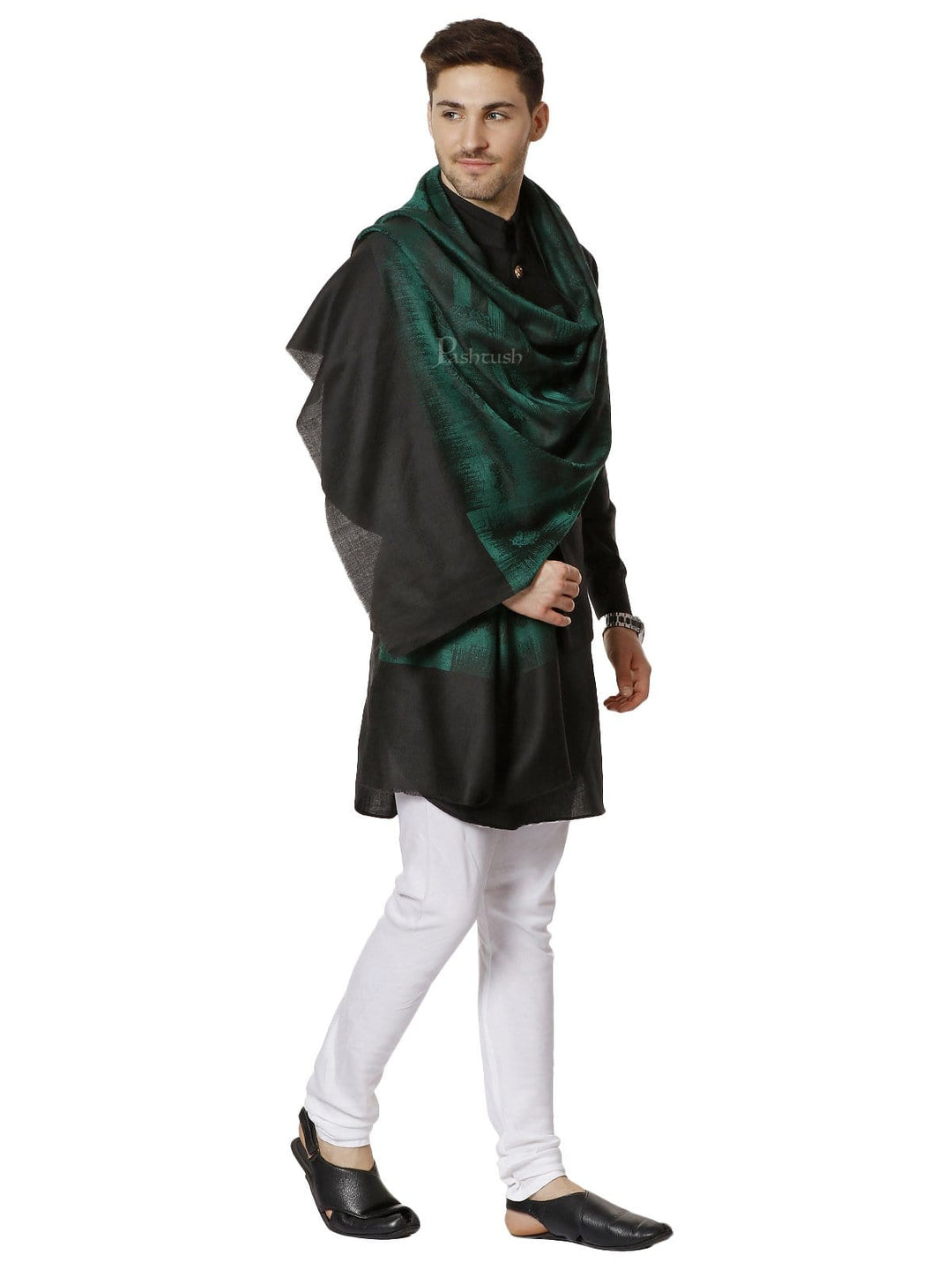 Pashtush India 70x200 Pashtush Mens Fine Wool Stole, Ikkat Design, Azure Green