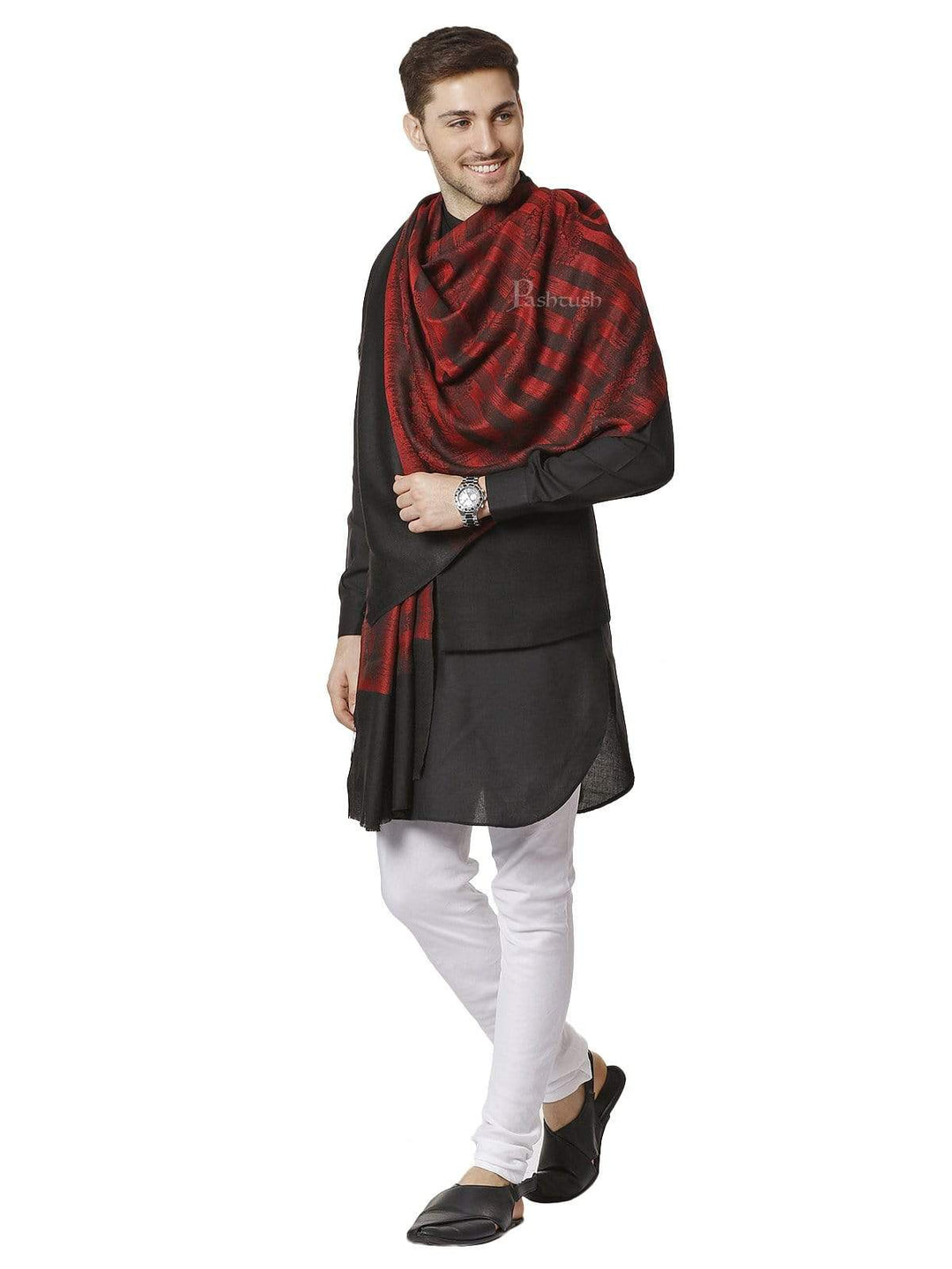 Pashtush India 70x200 Pashtush Mens Fine Wool Stole, Ikkat Design, Maroon and Black