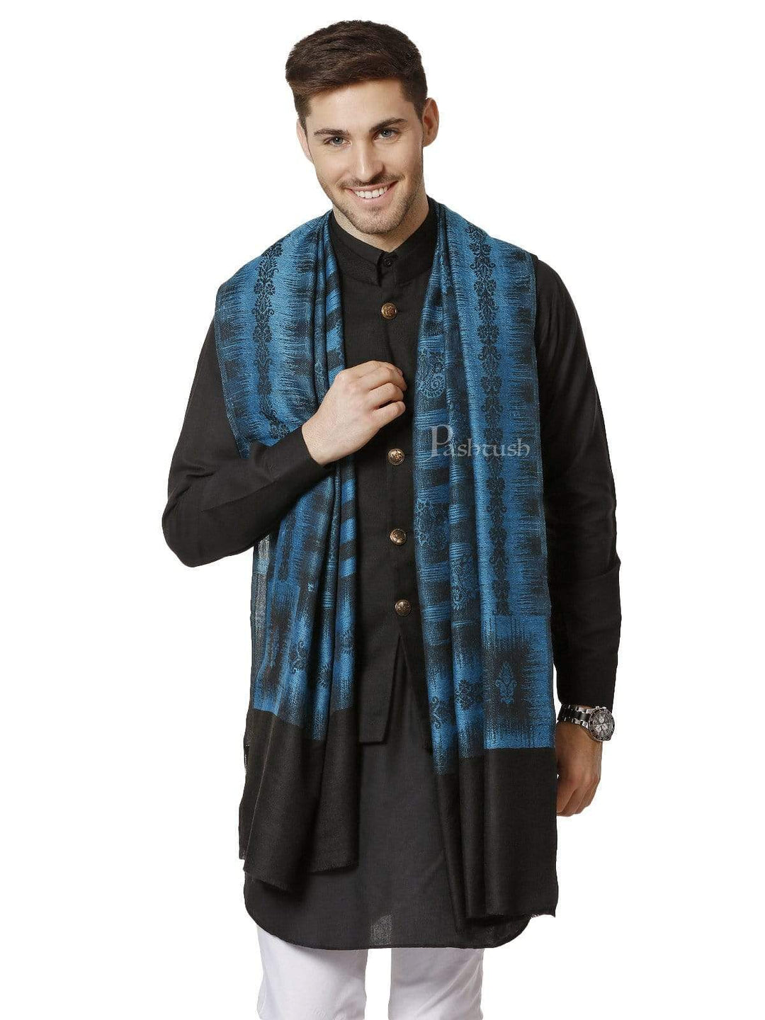Pashtush India 70x200 Pashtush Mens Fine Wool Stole, Ikkat Design, Pacific Blue