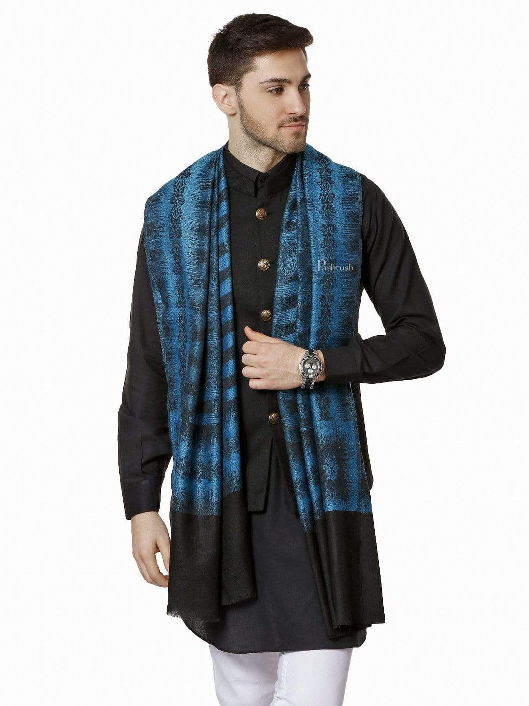 Pashtush India 70x200 Pashtush Mens Fine Wool Stole, Ikkat Design, Pacific Blue
