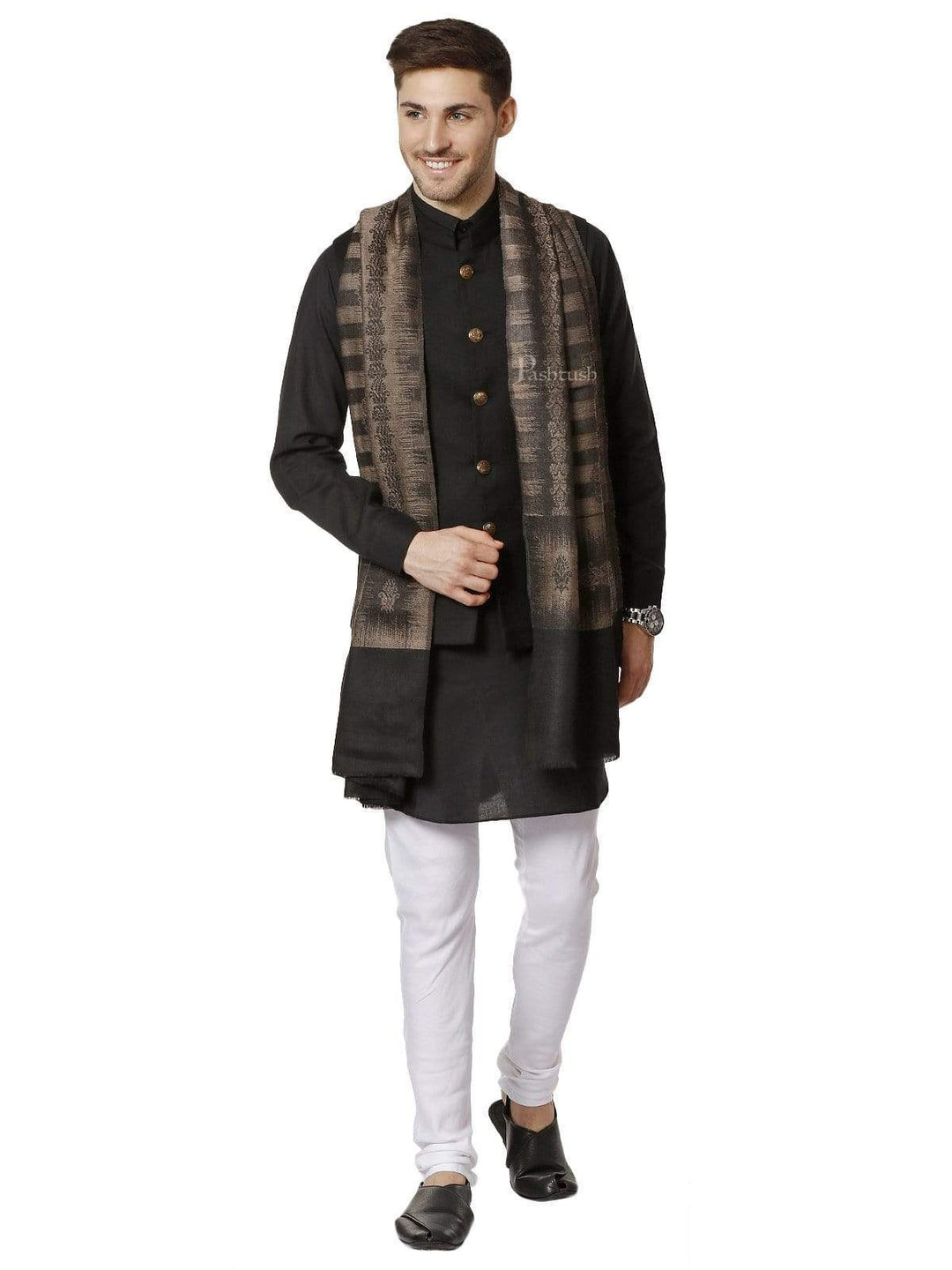Pashtush India 70x200 Pashtush Mens Fine Wool Stole, Ikkat Design, Taupe and Black