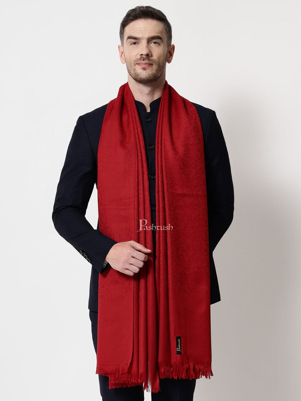 Pashtush India Mens Scarves Stoles and Mufflers Pashtush mens Fine Wool stole, jacquard design, Maroon