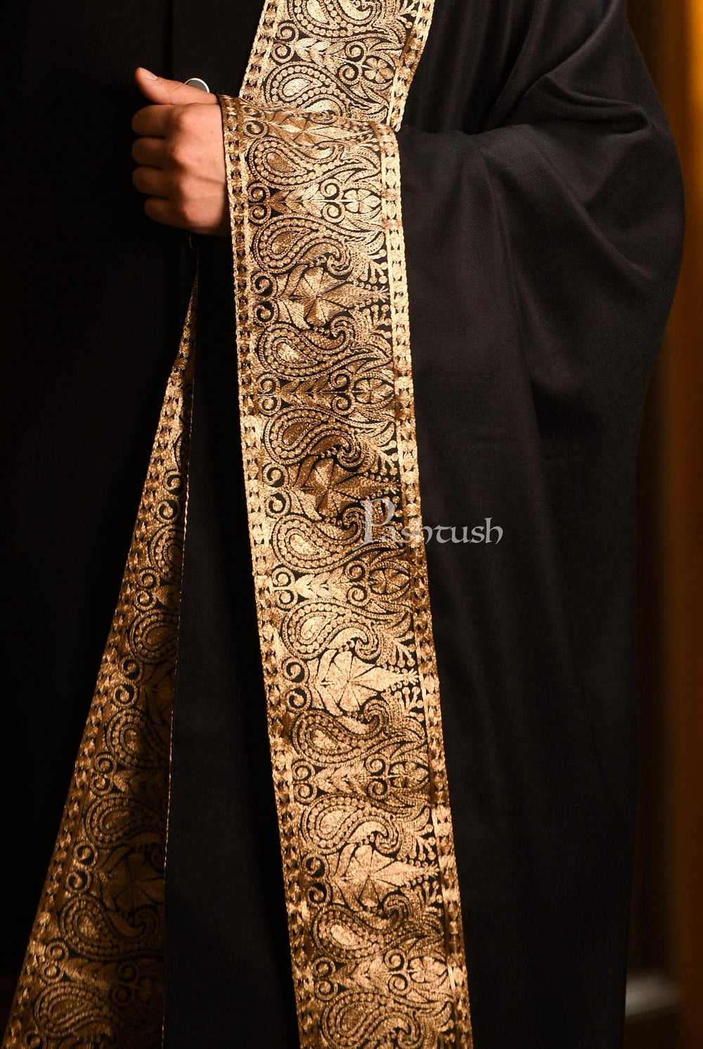 Pashtush India Mens Scarves Stoles and Mufflers Pashtush mens Fine Wool stole, Metallic Tilla golden border weave design, Black