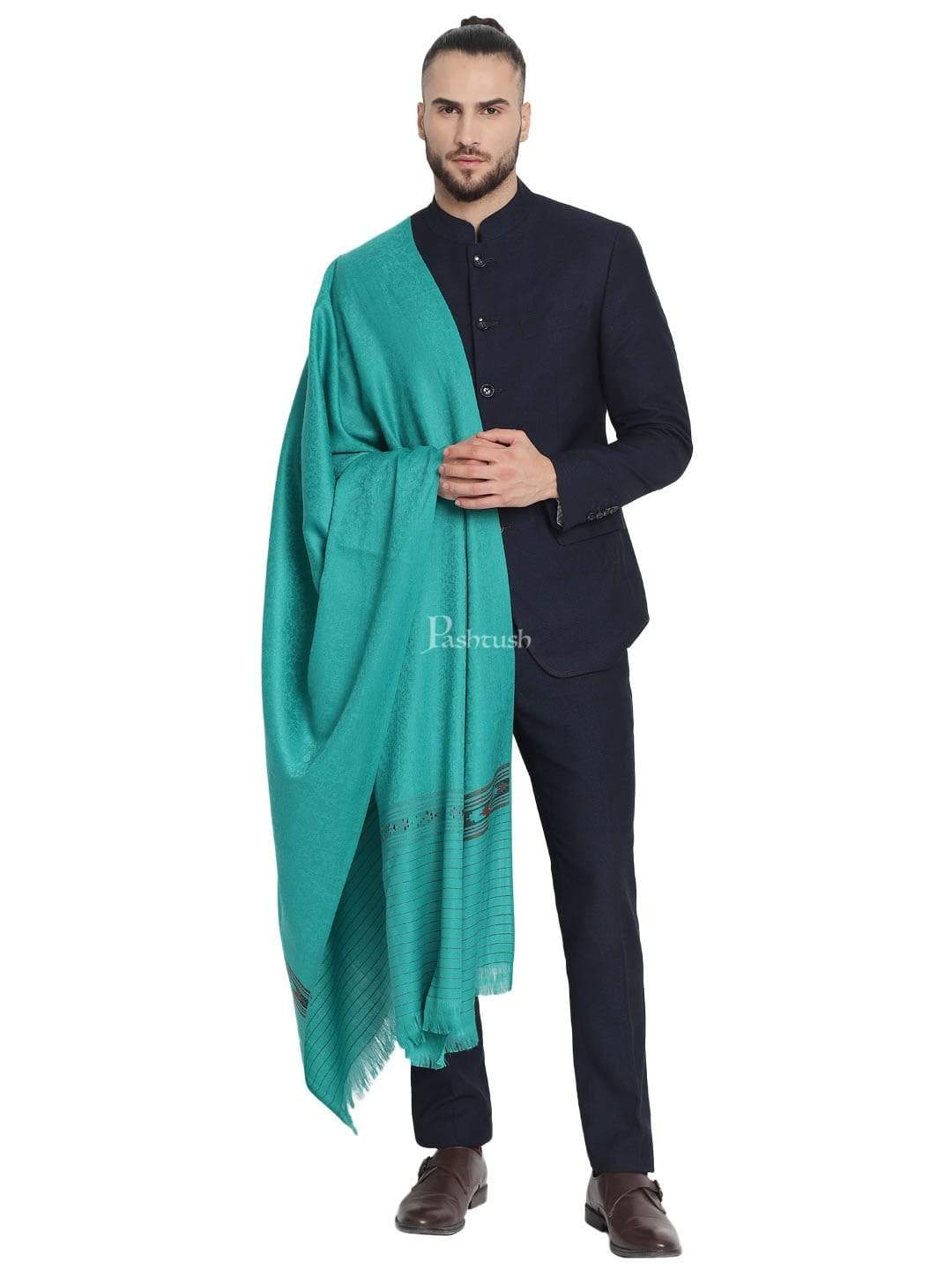 Pashtush India 100x200 Pashtush Mens Fine Wool Stole, Soft and Warm, Aztec Design, Jacquard Weave - Bottle Green
