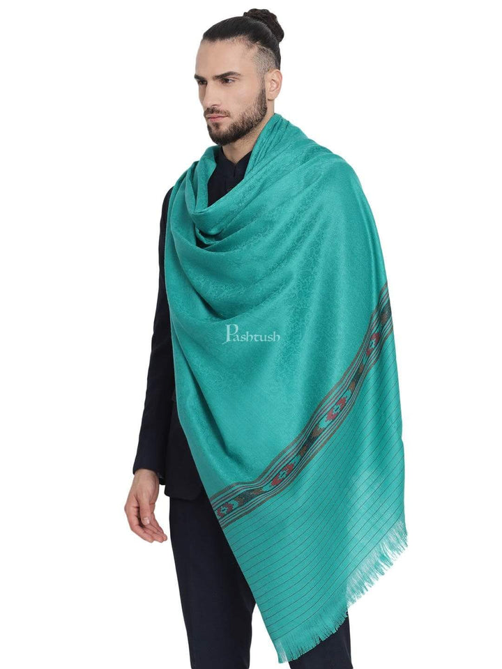 Pashtush India 100x200 Pashtush Mens Fine Wool Stole, Soft and Warm, Aztec Design, Jacquard Weave - Bottle Green