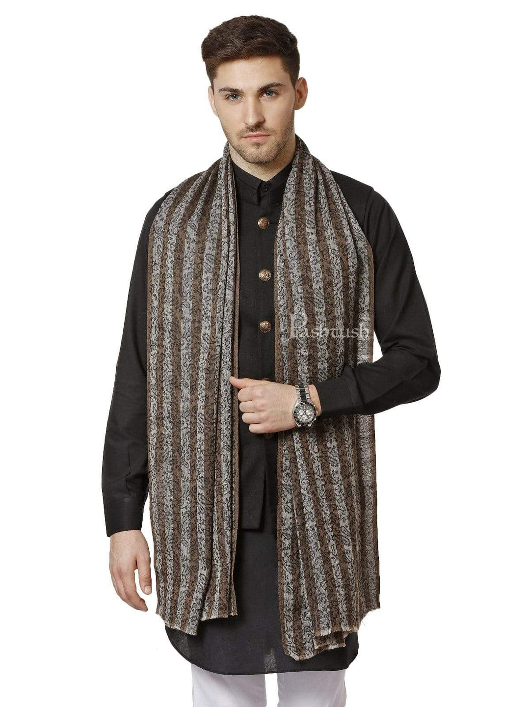Pashtush India 70x200 Pashtush Mens Fine Wool Striped Stole, Black and Brown