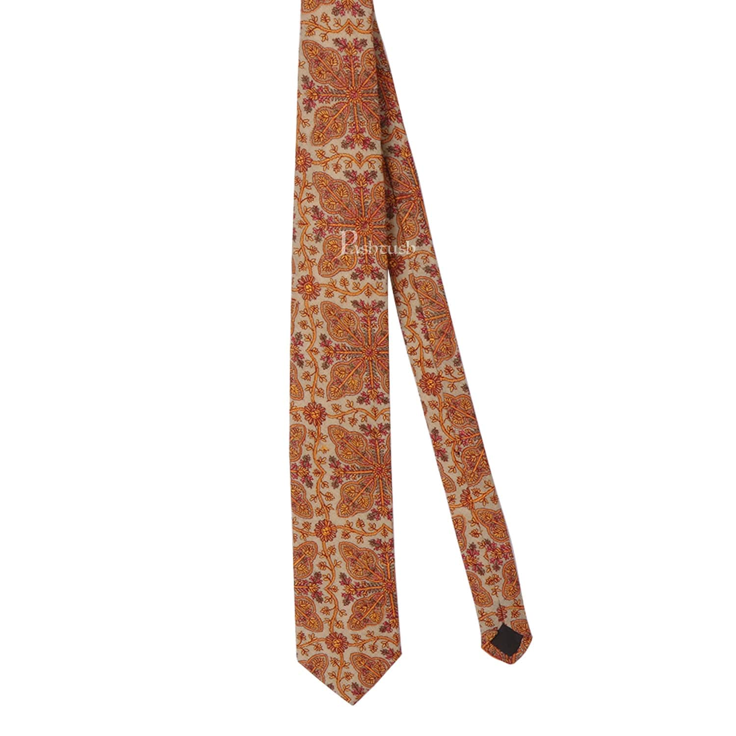 Pashtush India Mens Neckties Ties for Men Pashtush mens Fine Wool tie, Embroidered design, Beige