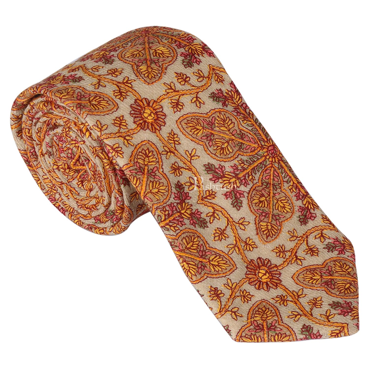 Pashtush India Mens Neckties Ties for Men Pashtush mens Fine Wool tie, Embroidered design, Beige