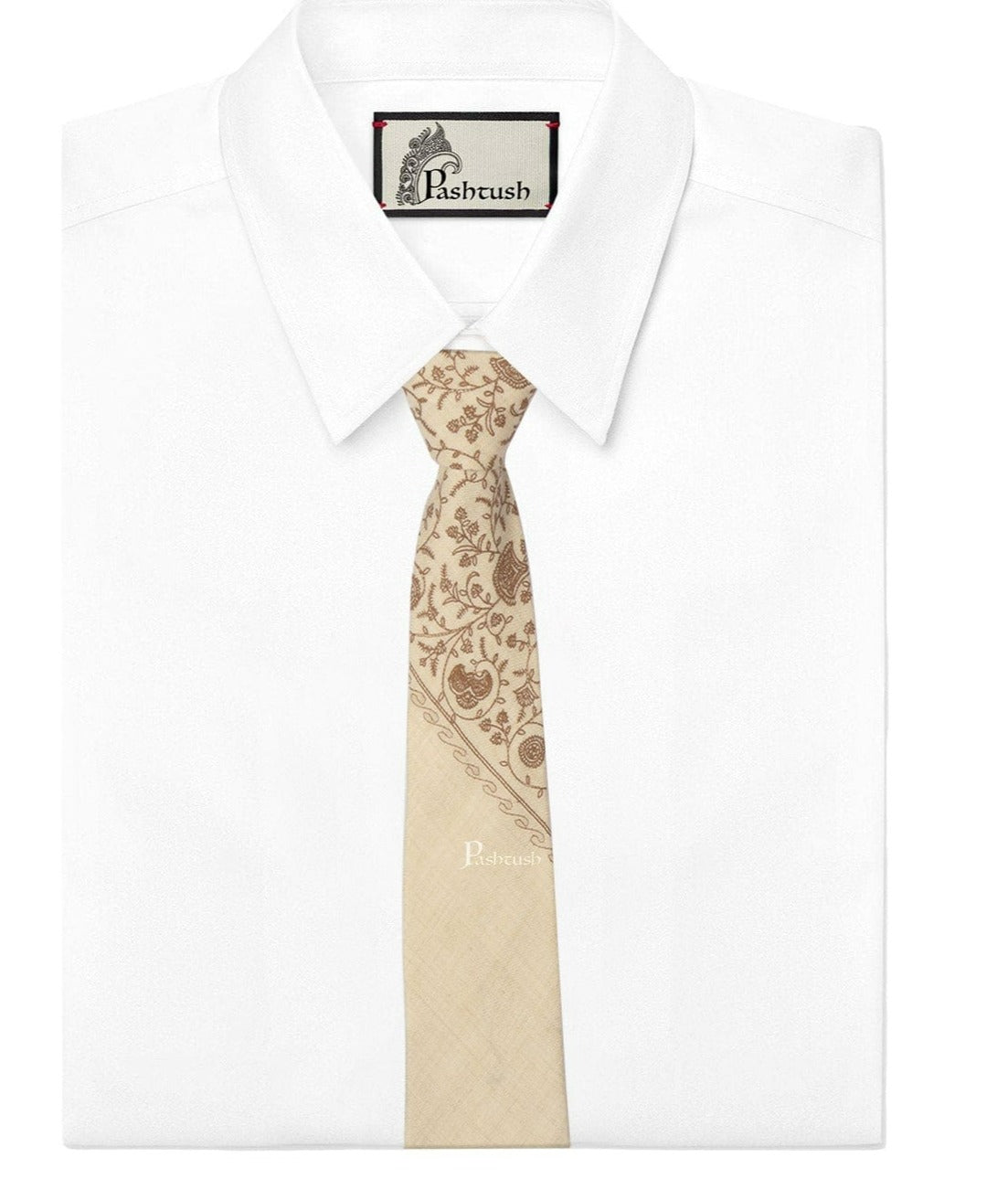 Pashtush India Mens Neckties Ties for Men Pashtush mens Fine Wool tie, Embroidered design, Beige