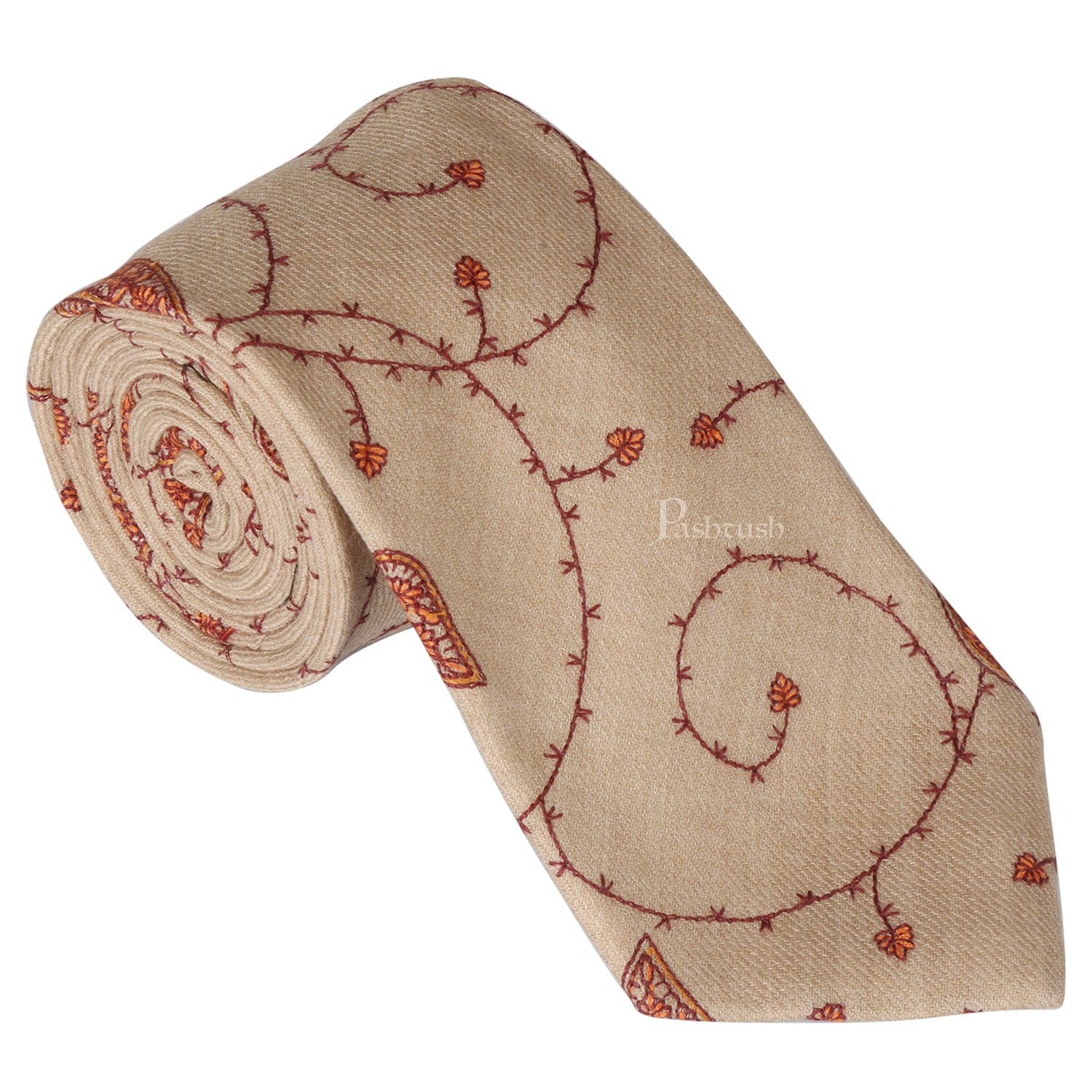 Pashtush India Mens Neckties Ties for Men Pashtush mens Fine Wool tie, Embroidered design, Beige