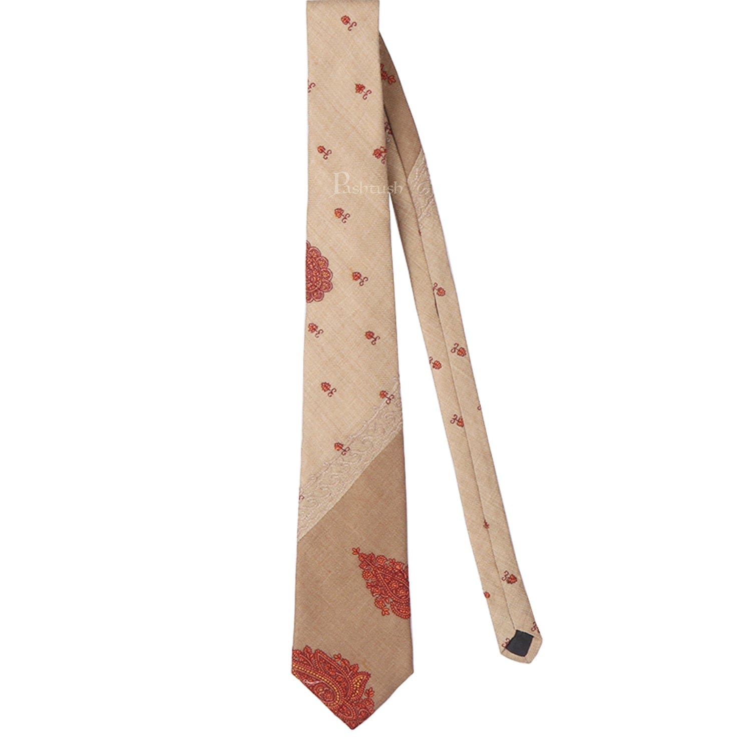 Pashtush India Mens Neckties Ties for Men Pashtush mens Fine Wool tie, Embroidered design, Beige