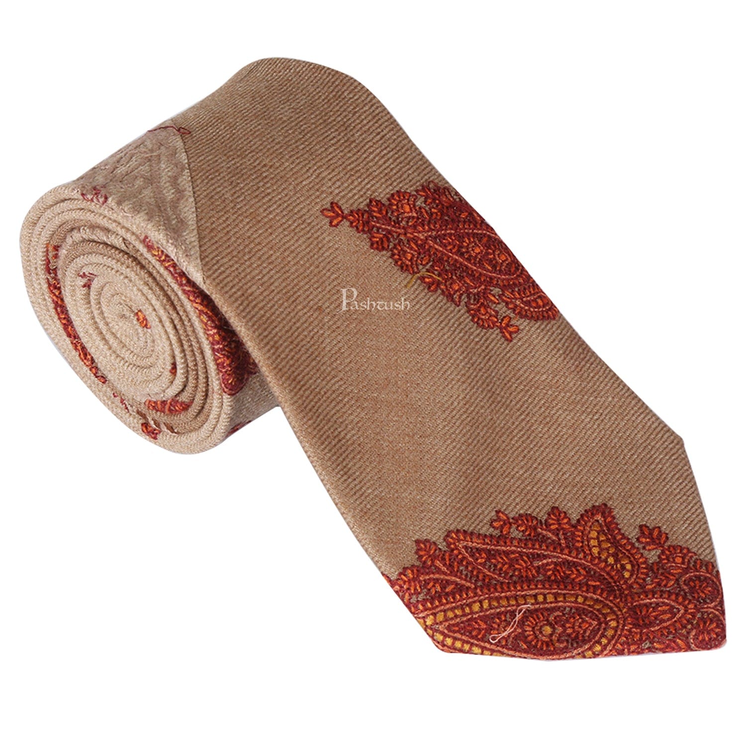 Pashtush India Mens Neckties Ties for Men Pashtush mens Fine Wool tie, Embroidered design, Beige
