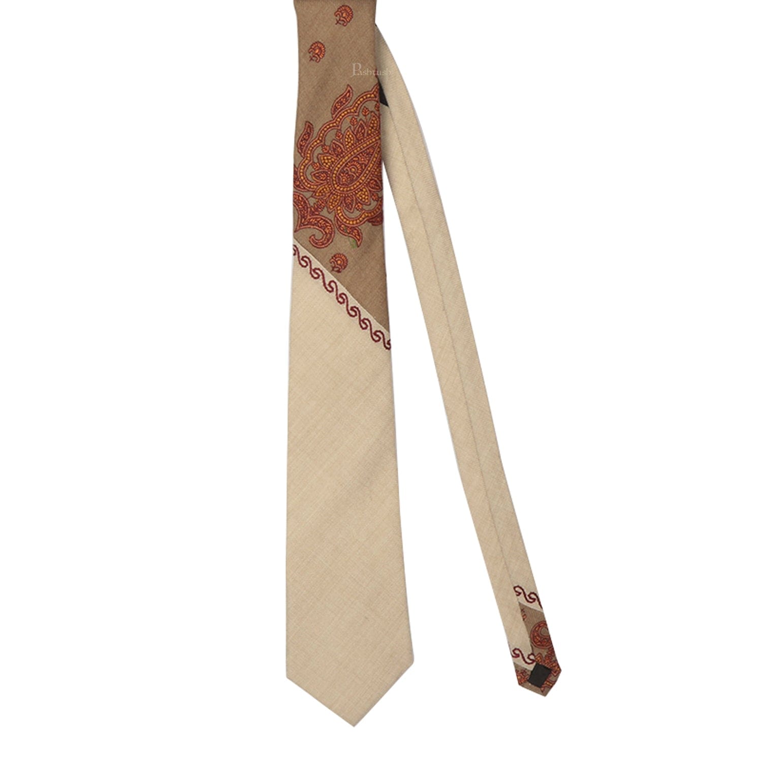 Pashtush India Mens Neckties Ties for Men Pashtush mens Fine Wool tie, Embroidered design, Beige