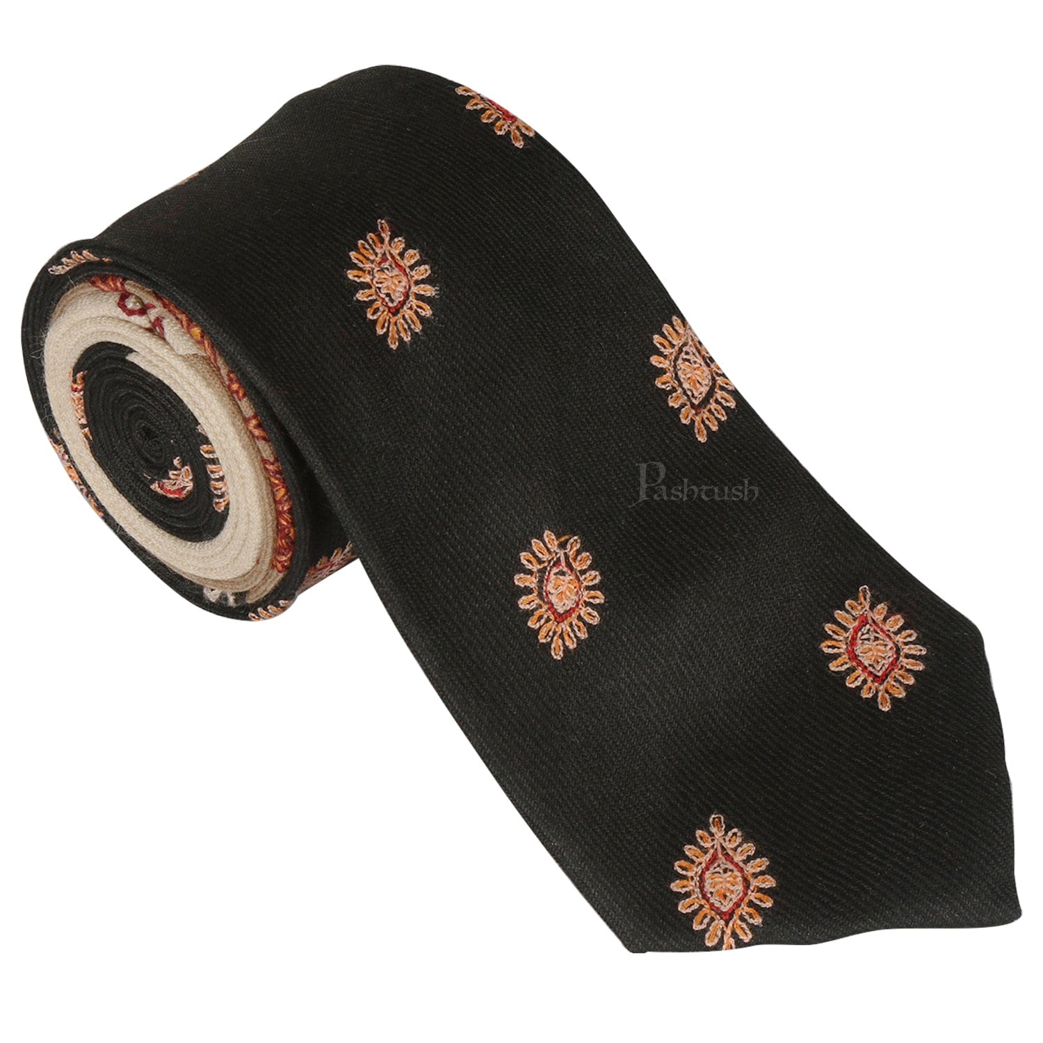 Pashtush India Mens Neckties Ties for Men Pashtush mens Fine Wool tie, Embroidered design, Black