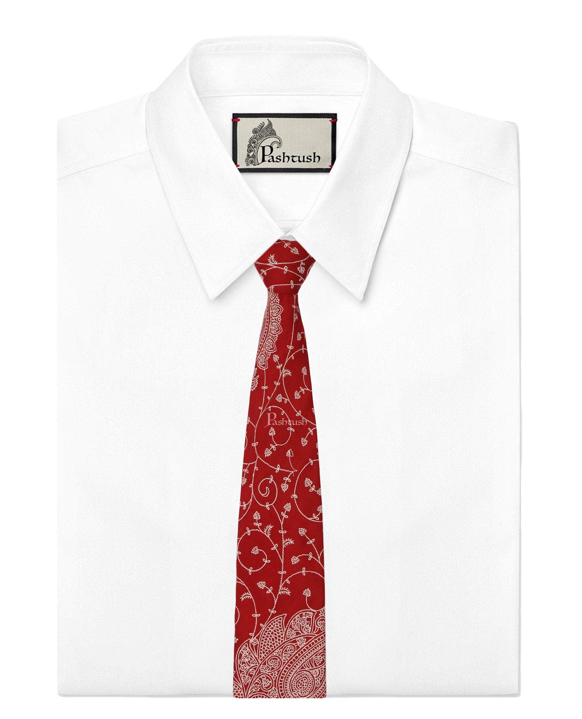 Pashtush India Mens Neckties Ties for Men Pashtush mens Fine Wool tie, Embroidered design, Red