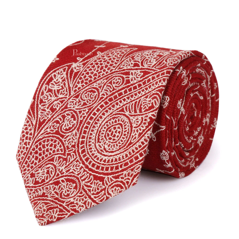 Pashtush India Mens Neckties Ties for Men Pashtush mens Fine Wool tie, Embroidered design, Red