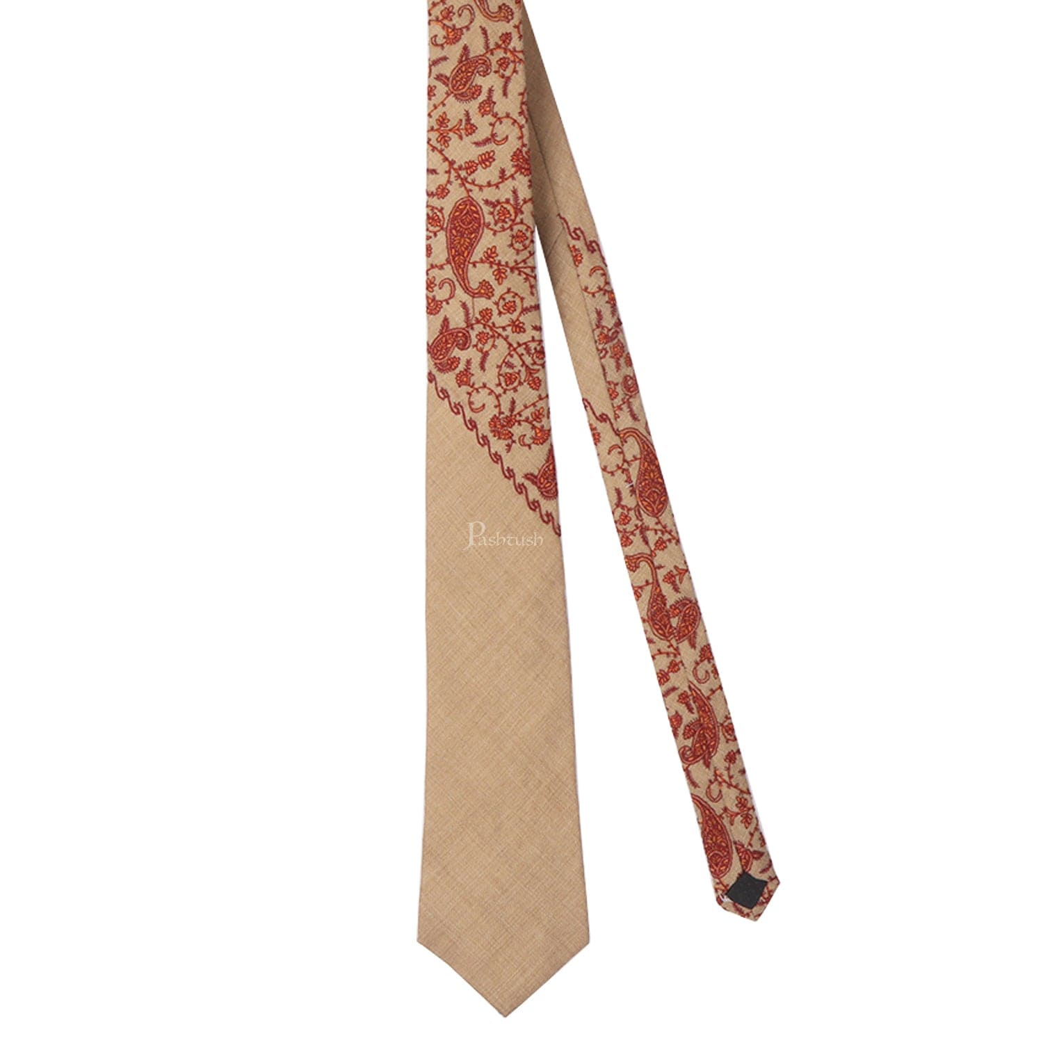 Pashtush India Mens Neckties Ties for Men Pashtush mens Fine Wool tie, Embroidered design, Taupe