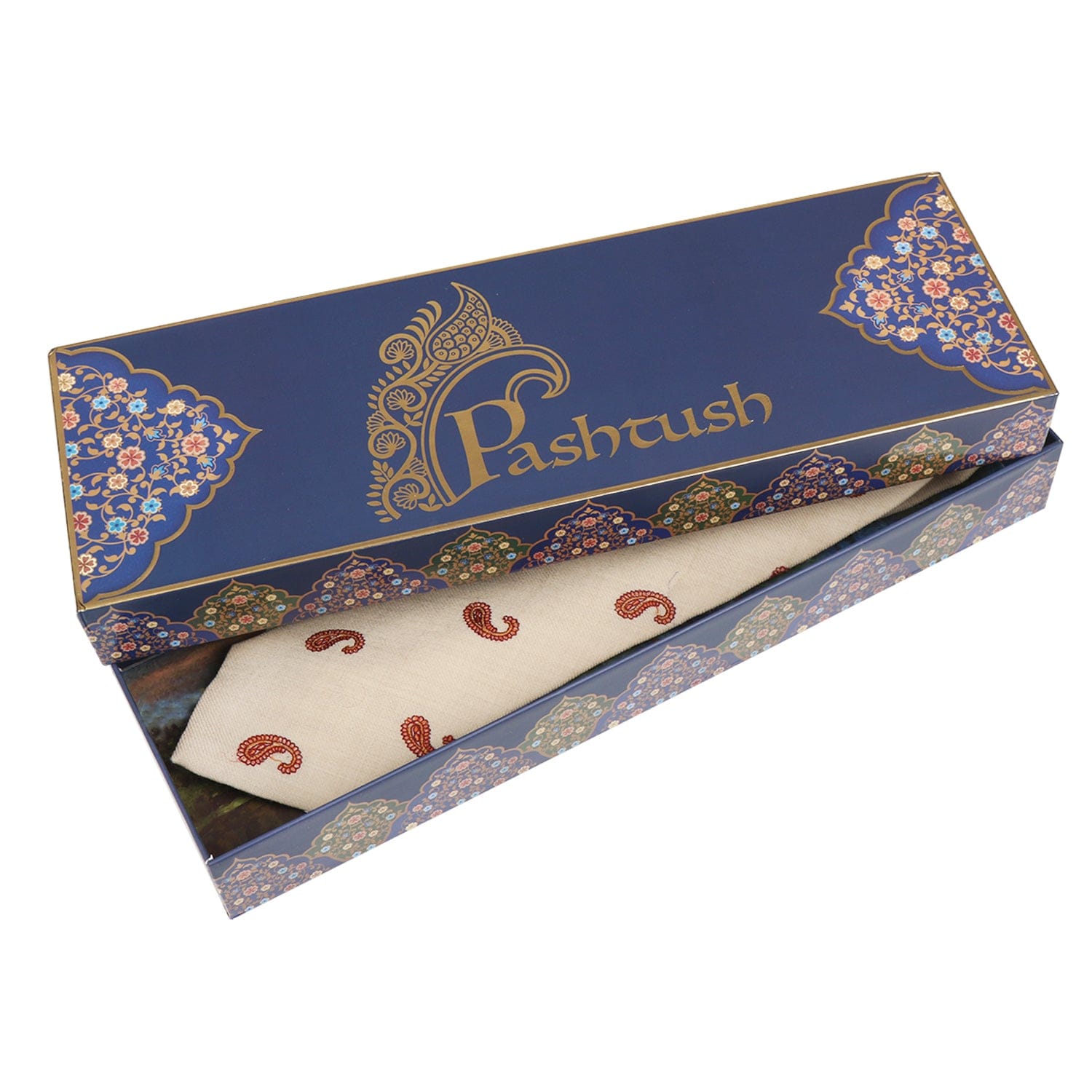 Pashtush India Mens Neckties Ties for Men Pashtush mens Fine Wool tie, Embroidered Paisley design, Beige