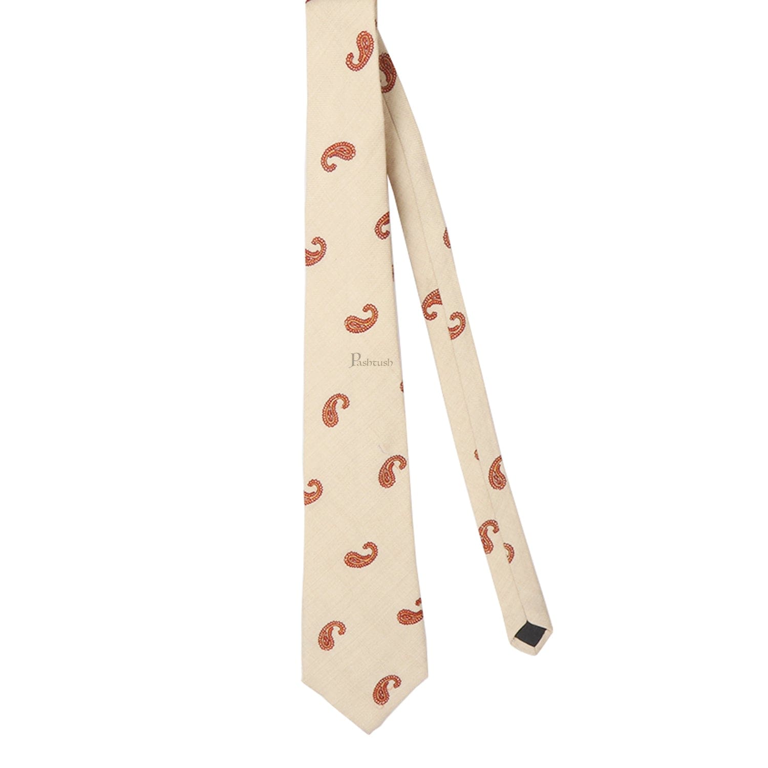 Pashtush India Mens Neckties Ties for Men Pashtush mens Fine Wool tie, Embroidered Paisley design, Beige
