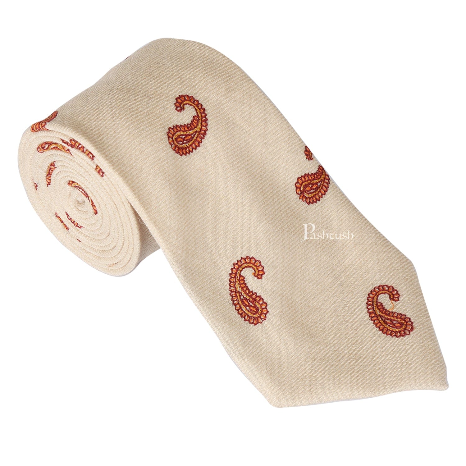 Pashtush India Mens Neckties Ties for Men Pashtush mens Fine Wool tie, Embroidered Paisley design, Beige