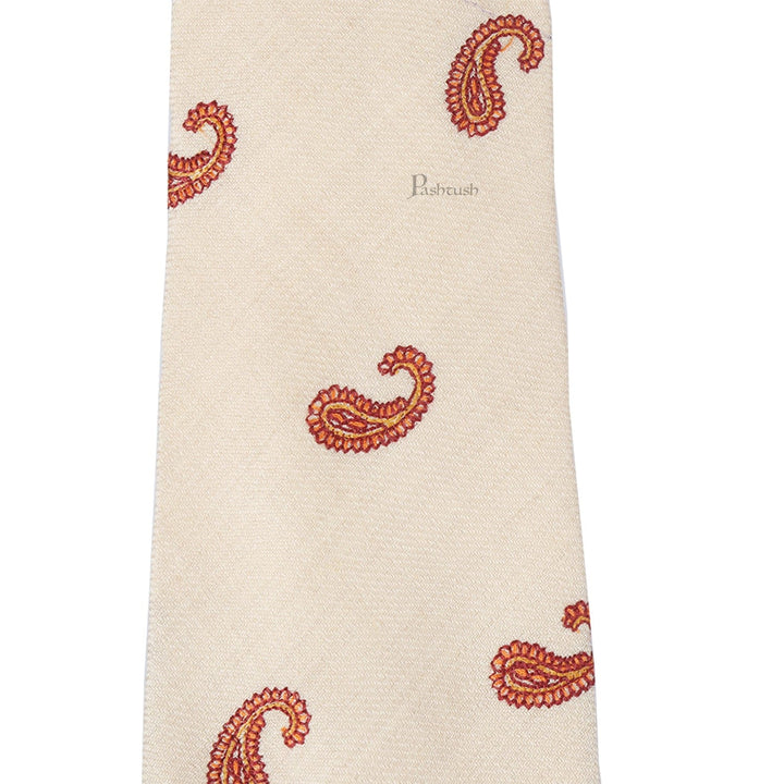 Pashtush India Mens Neckties Ties for Men Pashtush mens Fine Wool tie, Embroidered Paisley design, Beige