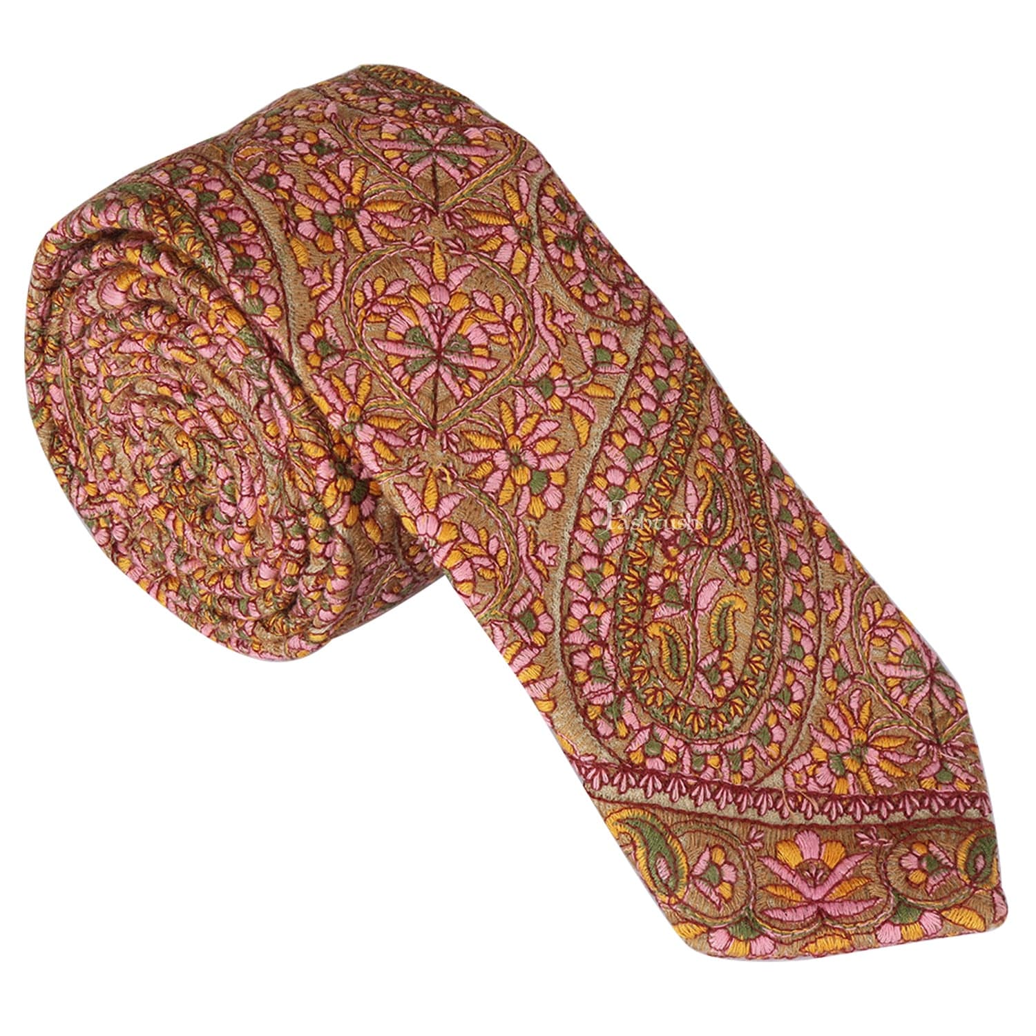 Pashtush India Mens Neckties Ties for Men Pashtush mens Fine Wool tie, Needlework Embroidery design, Beige