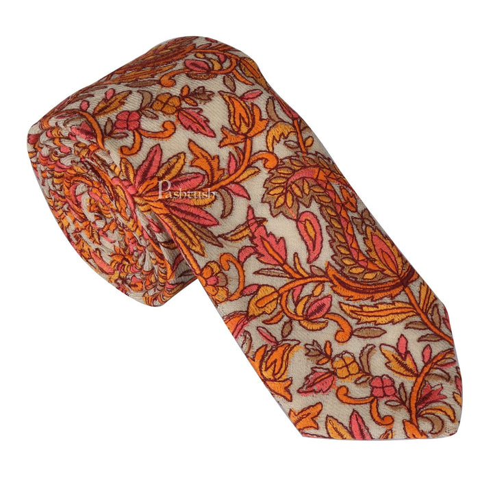 Pashtush India Mens Neckties Ties for Men Pashtush mens Fine Wool tie, Papier Mache Embroidered design, Beige
