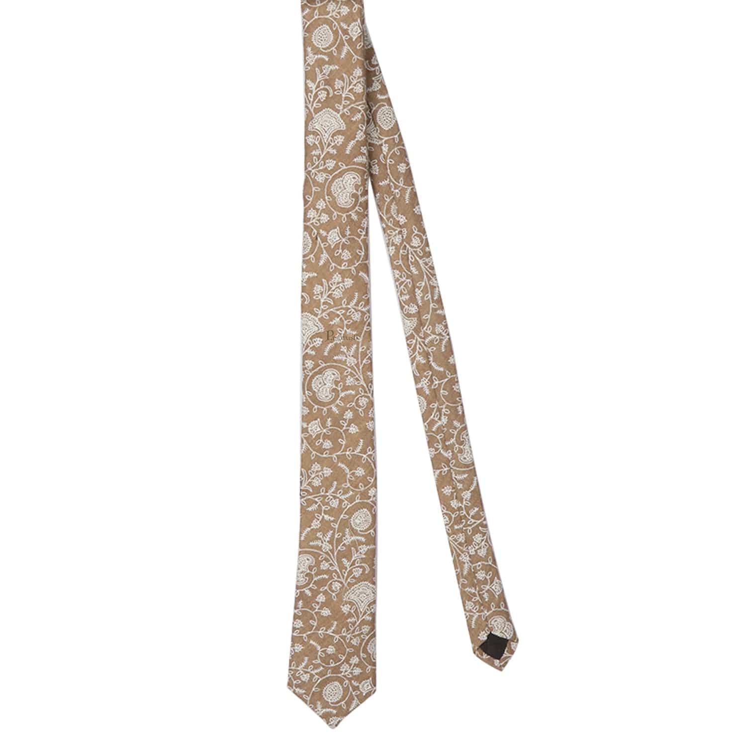 Pashtush India Mens Neckties Ties for Men Pashtush mens Fine Wool tie, Tone on Tone Embroidered design, Taupe