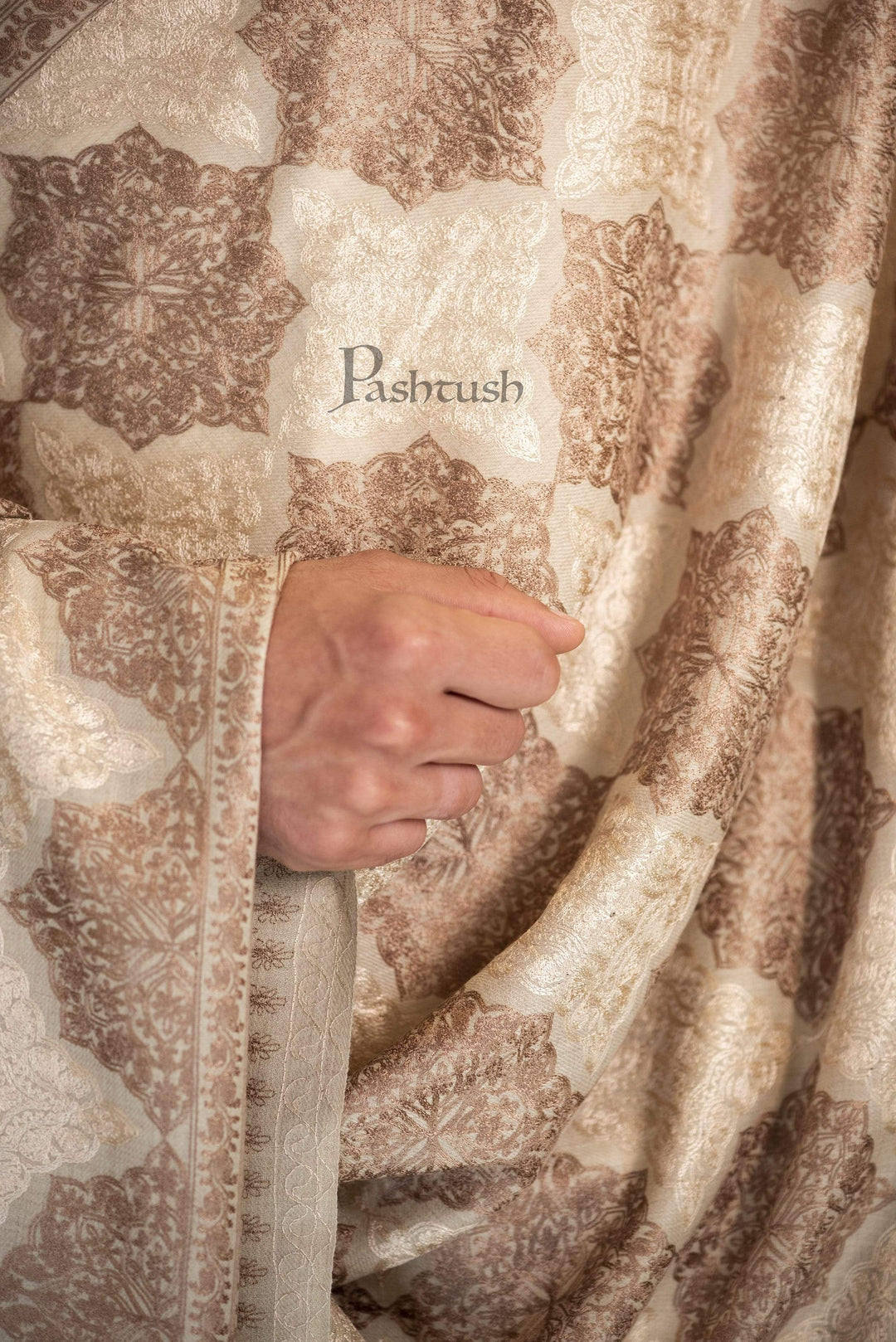 Pashtush India 70x200 Pashtush Mens Fine Woollen, Silky Nalki Embroidery Needlework Stole, White