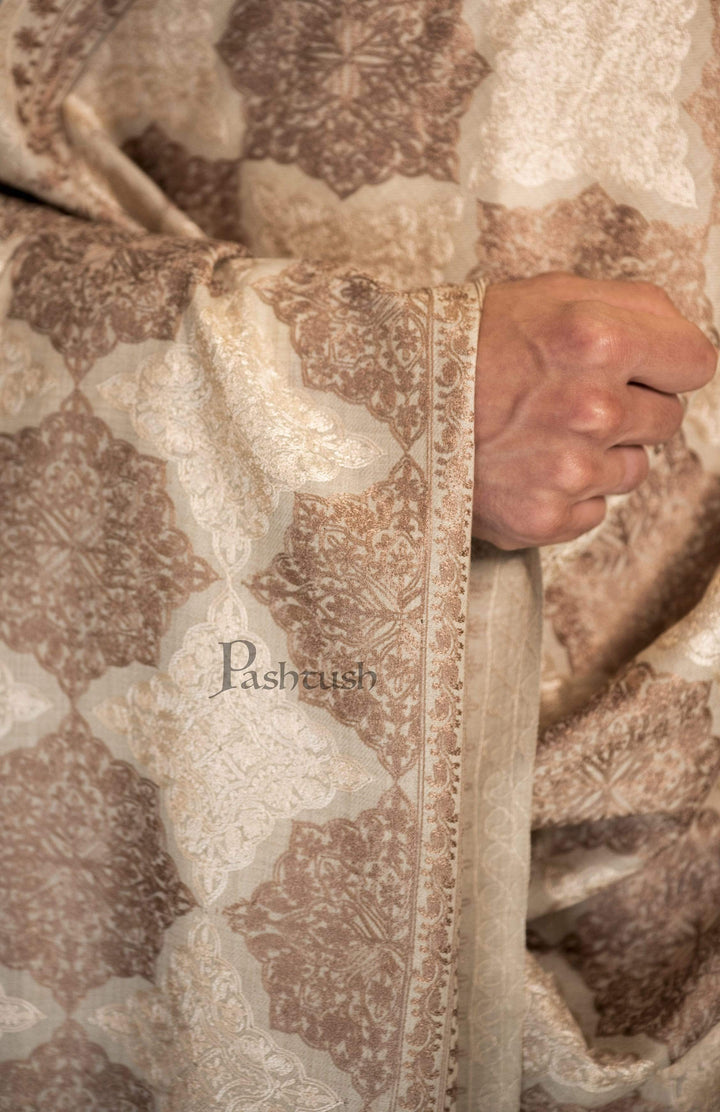 Pashtush India 70x200 Pashtush Mens Fine Woollen, Silky Nalki Embroidery Needlework Stole, White