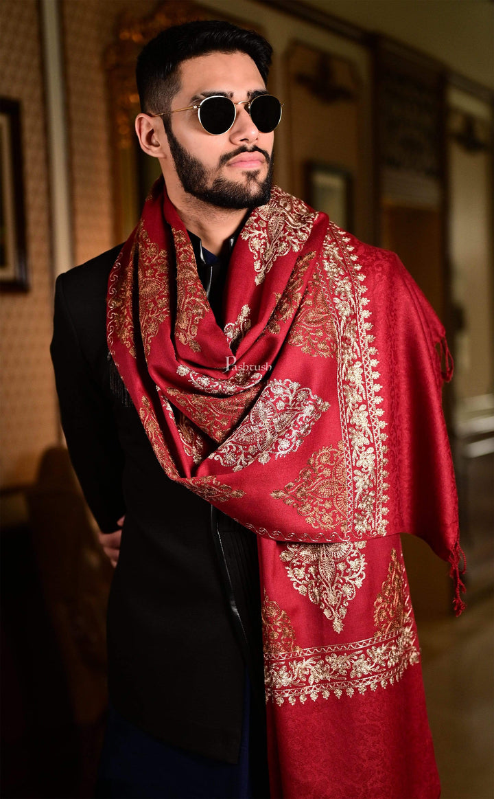 Pashtush India 70x200 Pashtush Mens Fine Woollen, Silky Thread Nalki Embroidery Stole, red