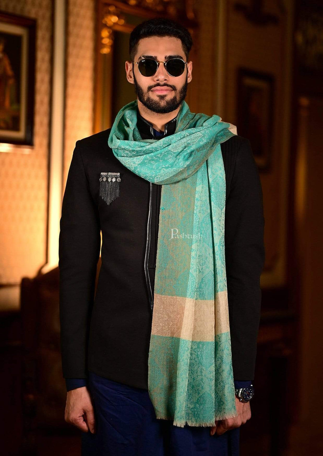Pashtush India 70x200 Pashtush Mens Green Grey Woven Design Designer Stole