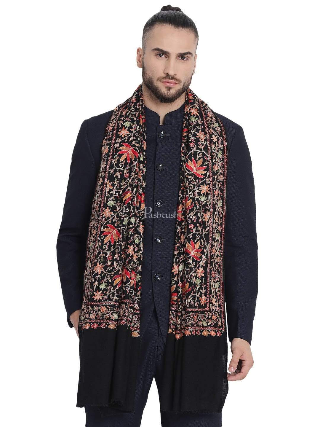 Pashtush India 100x200 Pashtush Mens hand embroidered Heavy Nalki Jaal Stole in Pure Wool (certified) Stole