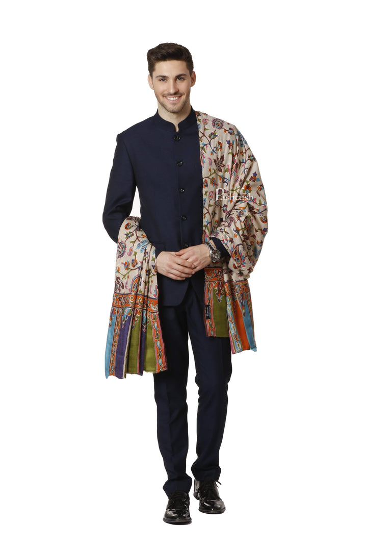 Pashtush India 114x228 Pashtush Mens Hand Embroidered Kalamkari Shawl, Fine Wool