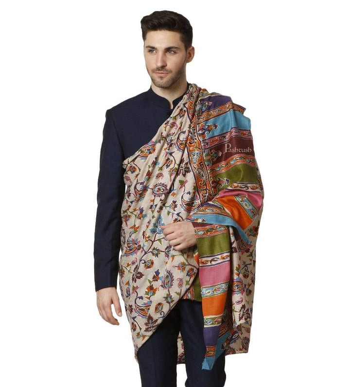 Pashtush India 114x228 Pashtush Mens Hand Embroidered Kalamkari Shawl, Fine Wool