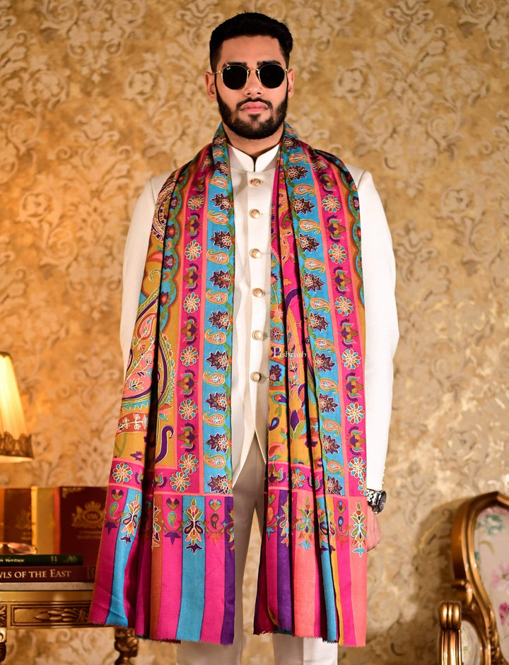 Pashtush India 114x228 Pashtush Mens Hand Embroidered Kalamkari Shawl, Soft and Warm, Light Weight Fine Wool