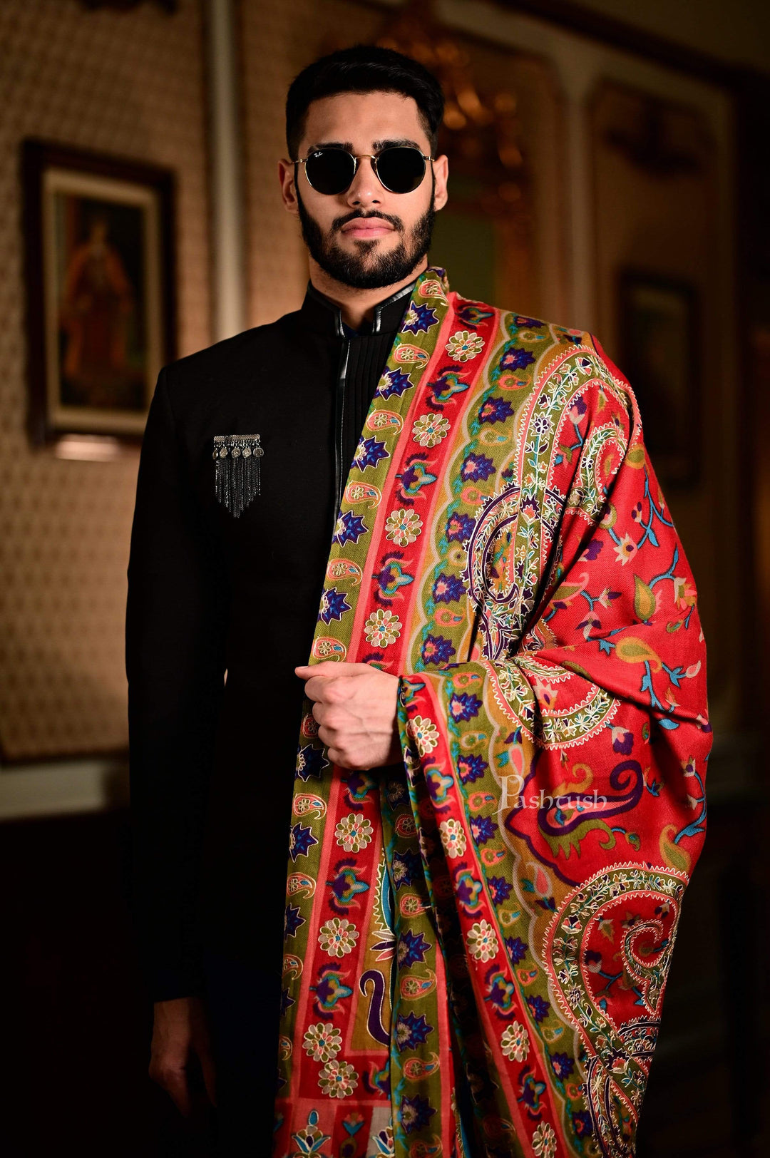 Pashtush India 114x228 Pashtush Mens Hand Embroidered Kalamkari Shawl, Soft and Warm, Light Weight Fine Wool
