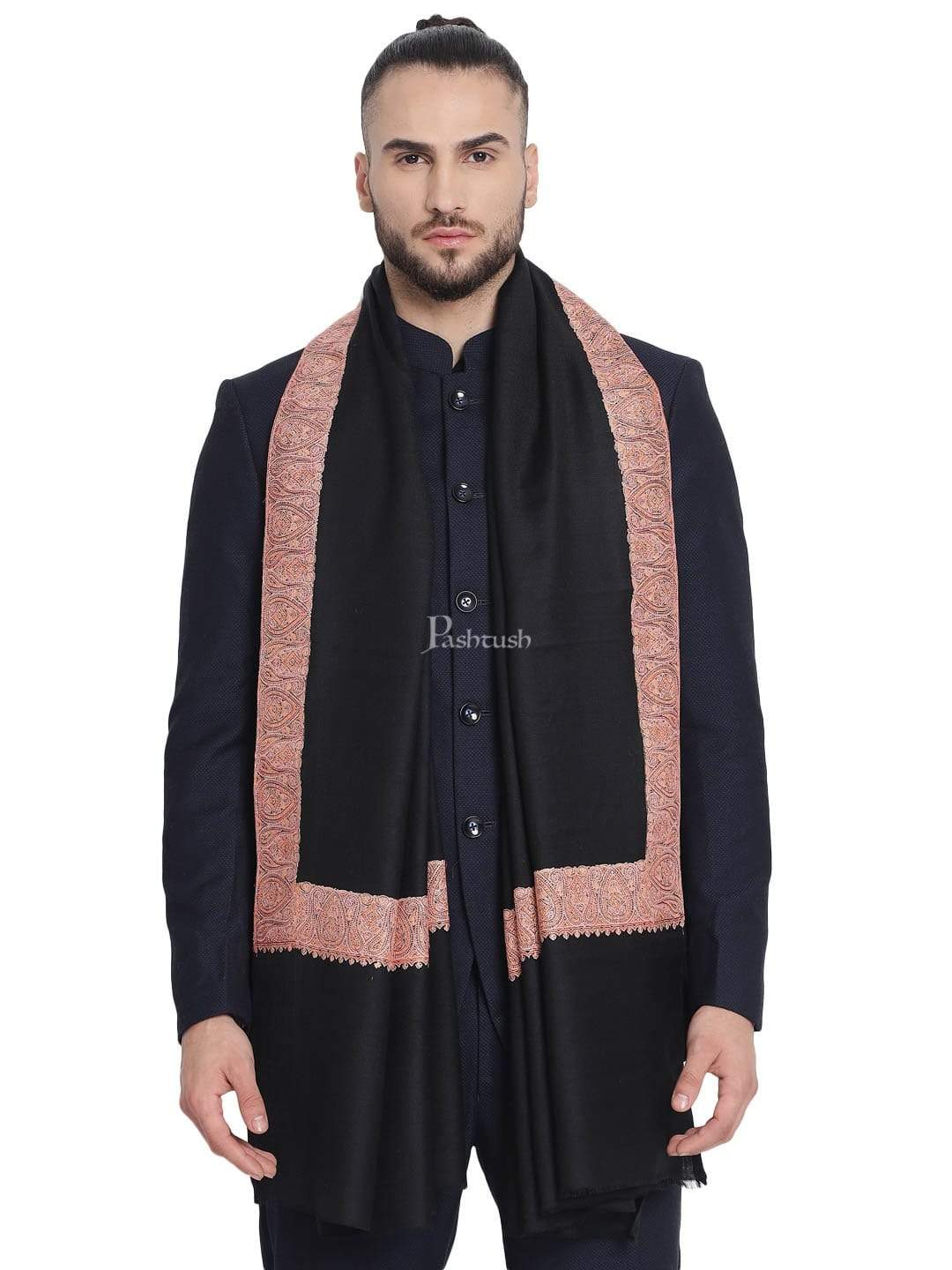 Pashtush India 100x200 Pashtush Mens Hand Embroidery Shawl, 100% Pure Wool Stole, Black