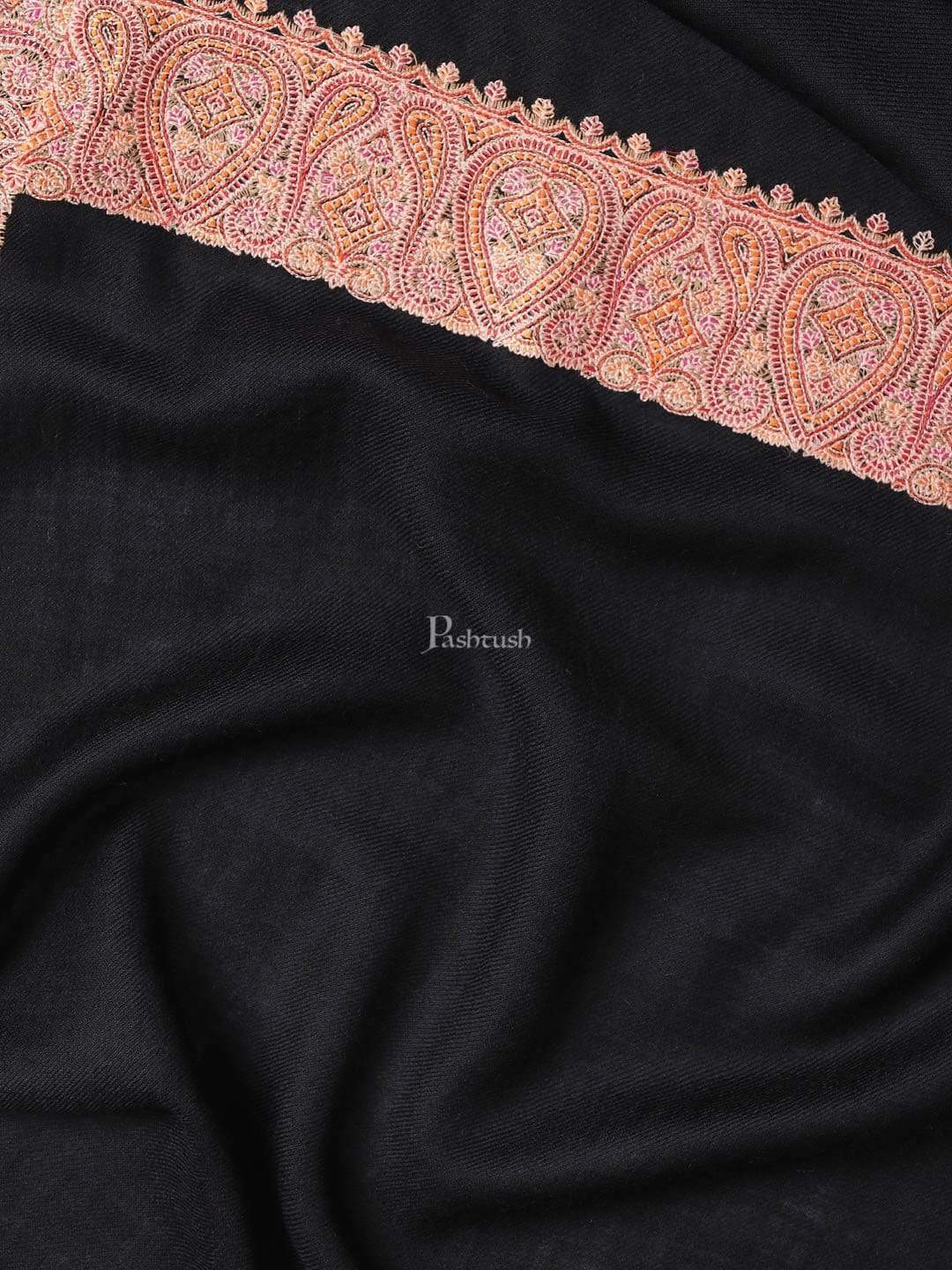 Pashtush India 100x200 Pashtush Mens Hand Embroidery Shawl, 100% Pure Wool Stole, Black