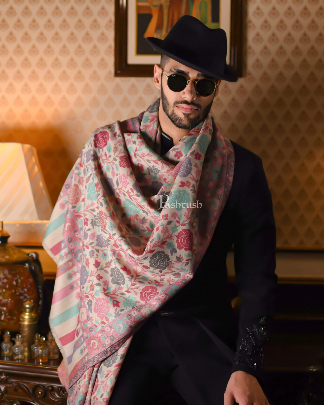 Pashtush Shawl Store 70x200 Pashtush Mens Jacquard Ethnic light weight floral Stole , Multi-coloured