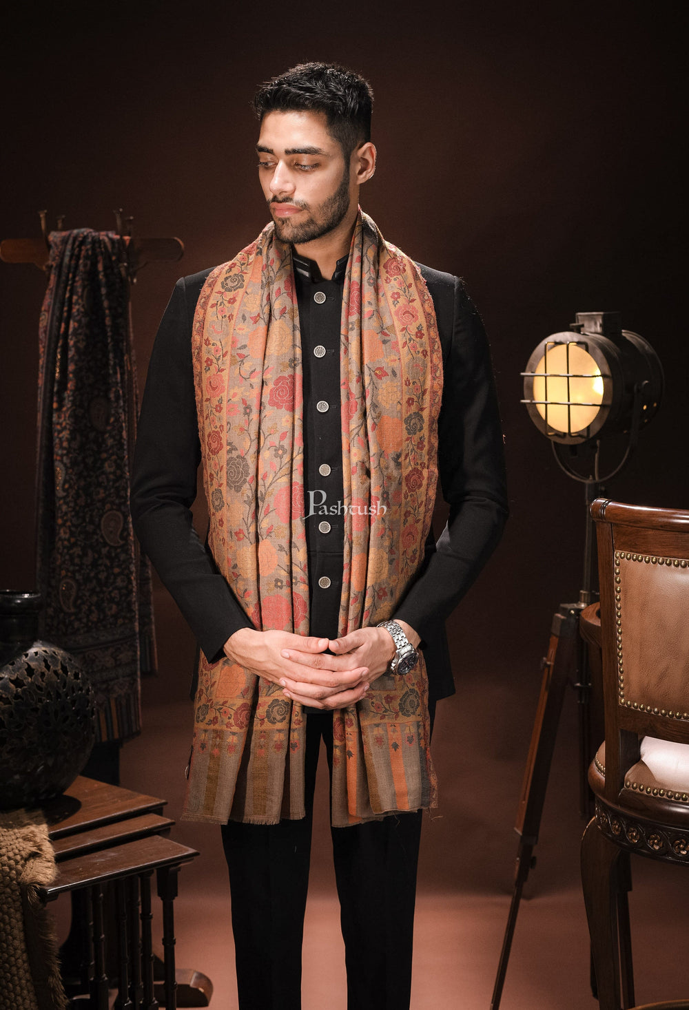 Pashtush India Mens Scarves Stoles and Mufflers Pashtush mens Jacquard Light weight stole, Ethnic Floral design, Beige
