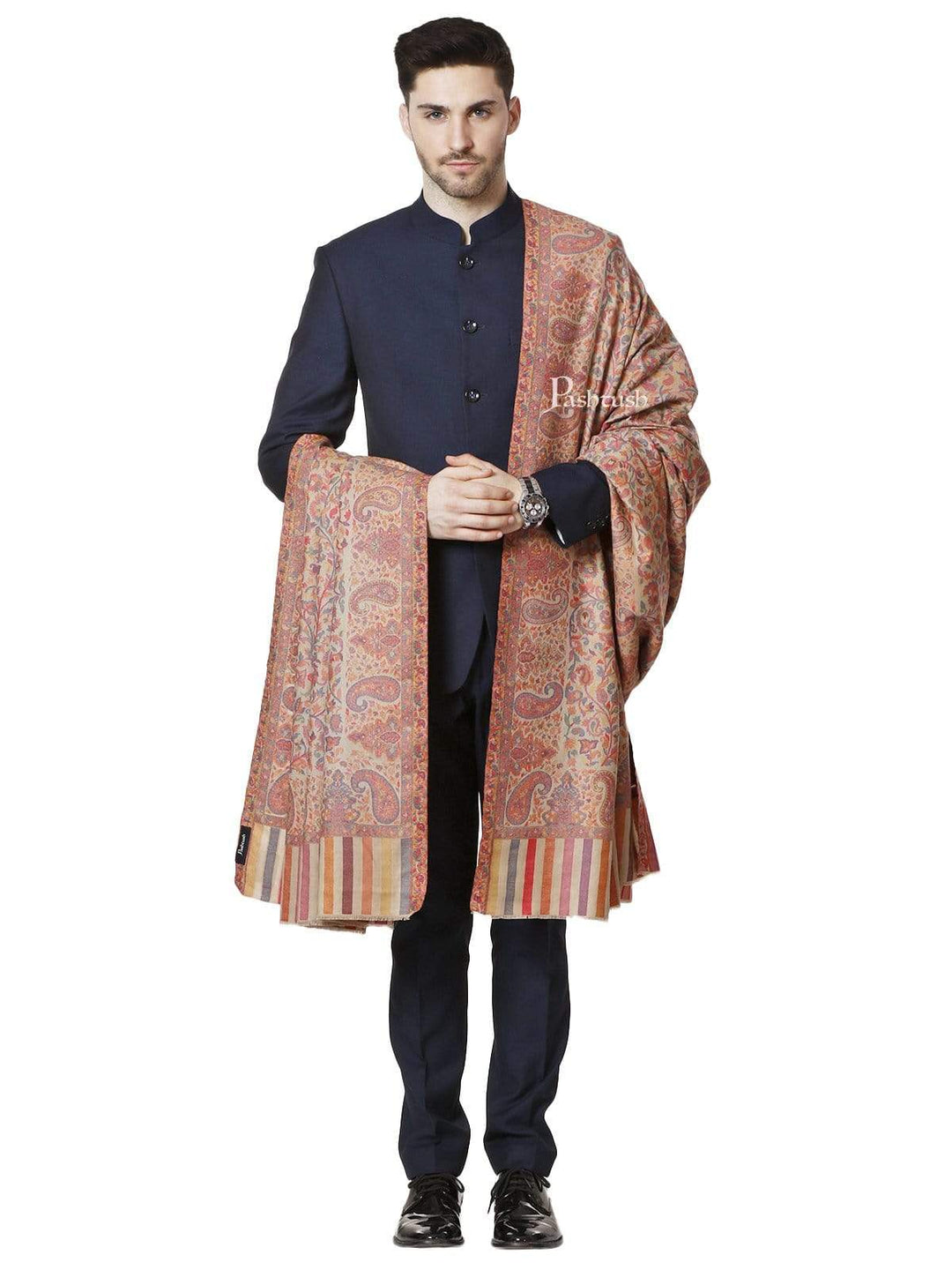 Pashtush India 127x254 Pashtush Mens Kaani Shawl, Mens Lohi, Full Size, Fine Wool, Beige