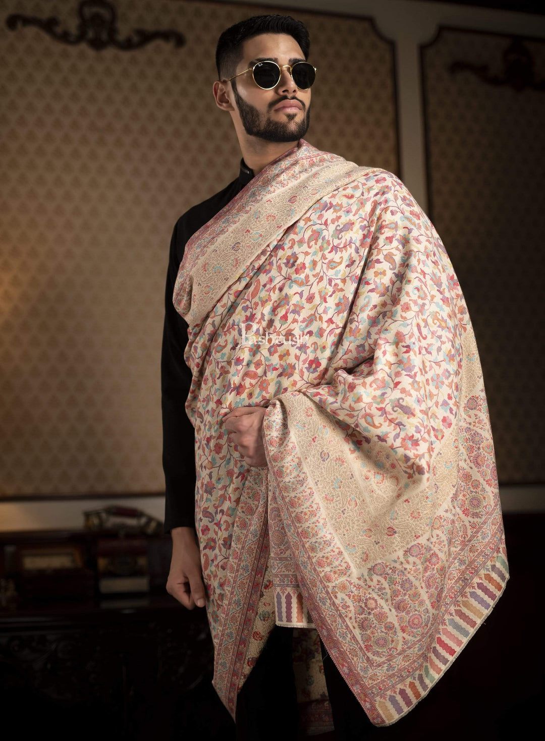 Pashtush India 127x254 Pashtush Mens Kaani Shawl, Mens Lohi , Full Size, Fine Wool, With Metallic Weave Border