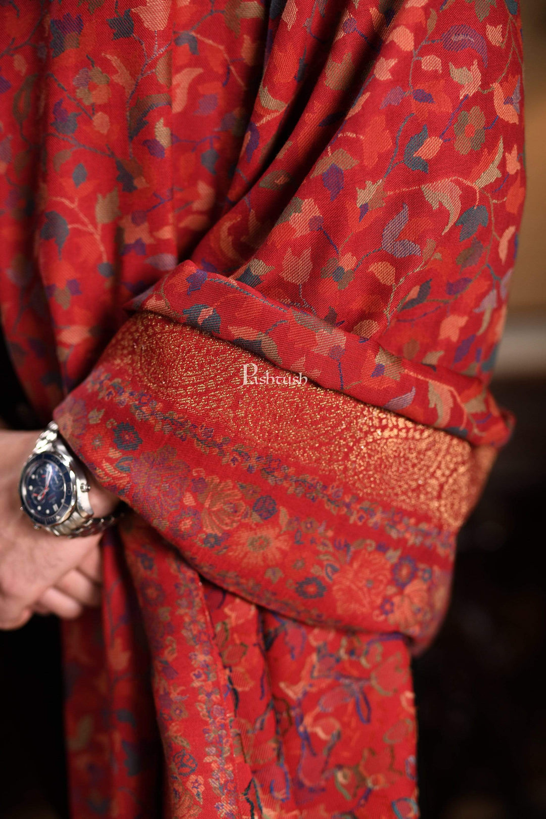 Pashtush India 127x254 Pashtush Mens Kaani Shawl, Mens Lohi , Full Size, Fine Wool, With Metallic Weave , Maroon