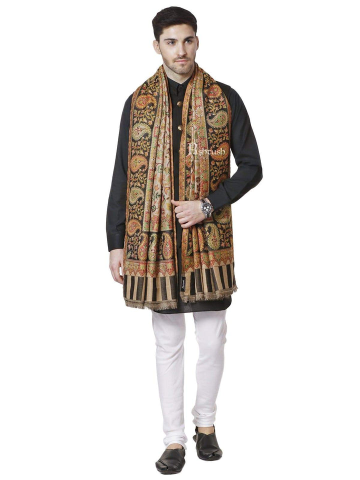 Pashtush India 100x200 Pashtush Mens Kaani Stole, Faux Pashmina, Soft and Warm, Beige and Black